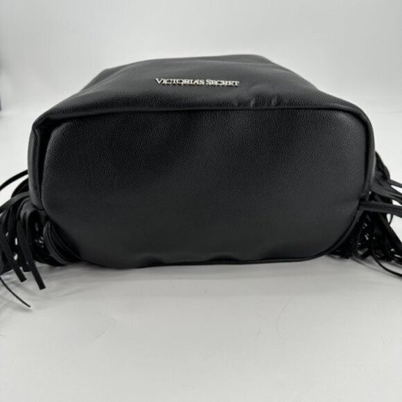 Victoria's Secret Black Faux Leather Adjustable Fringe Large Sling Backpack NEW - Picture 4 of 7